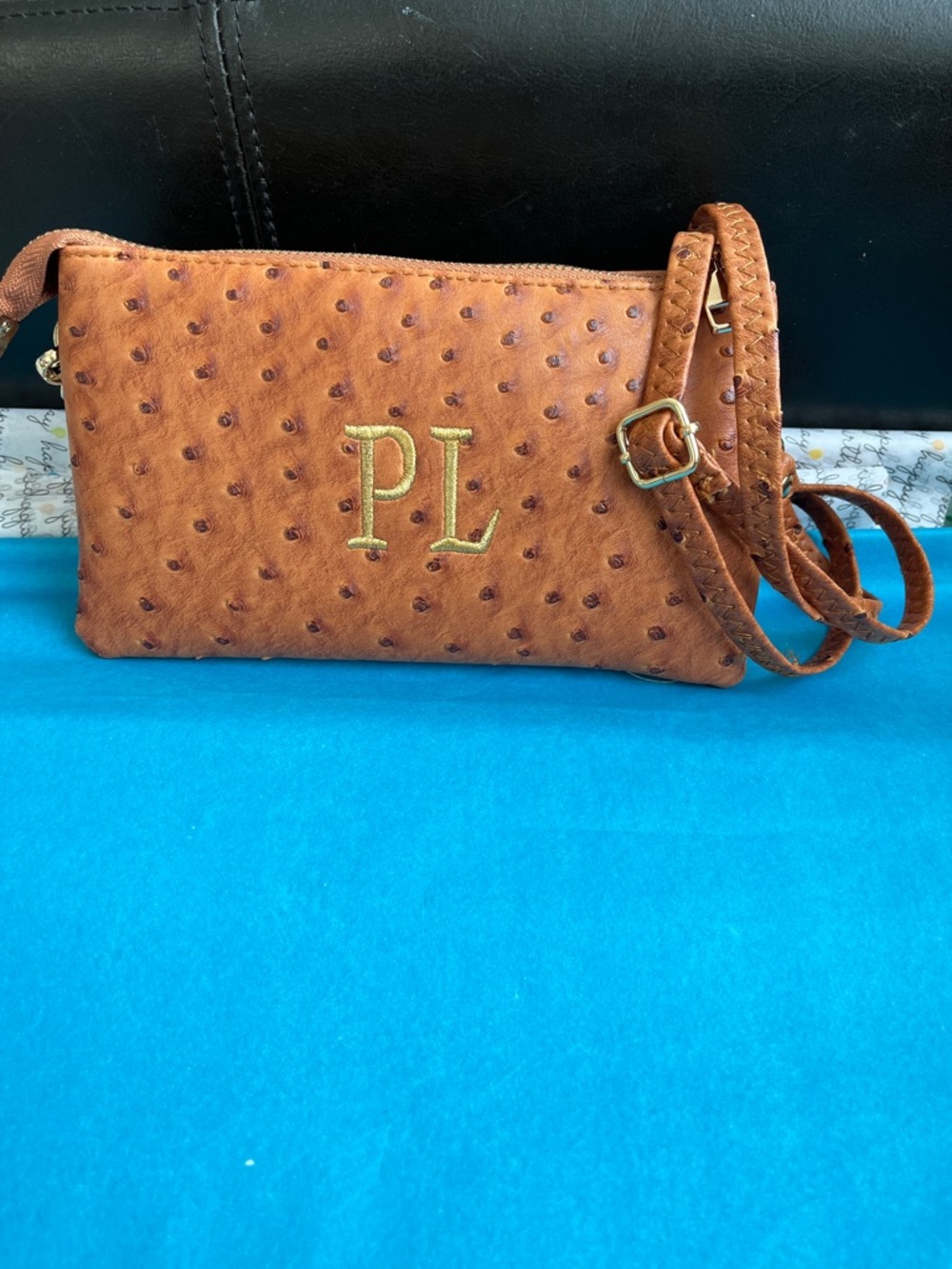 Personalized PL Monogram Brown Ostrich-Texture Crossbody Bag